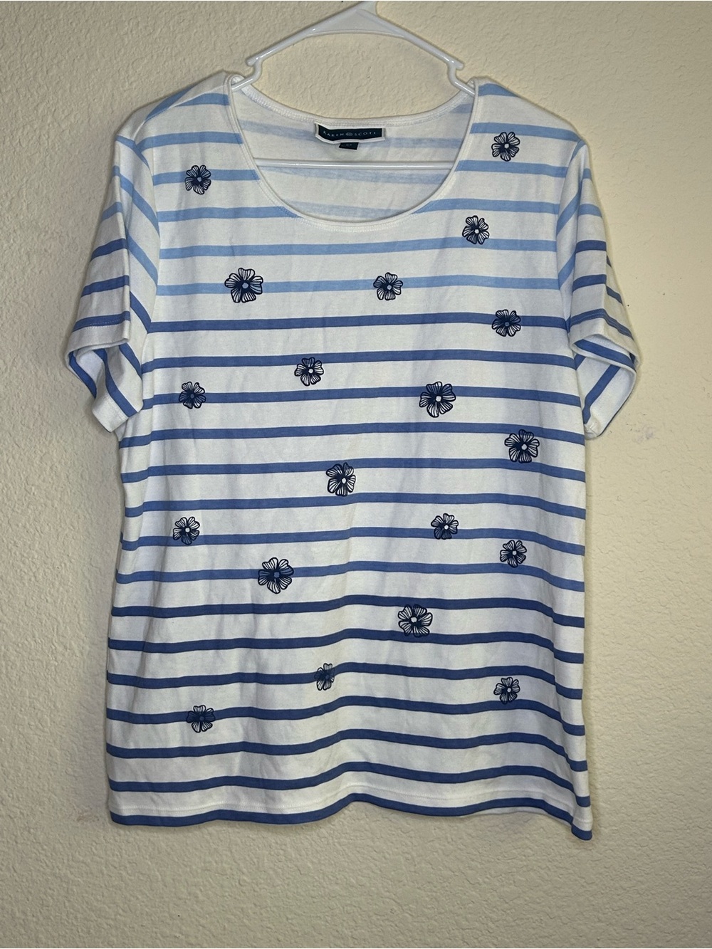 Karen Scott Plus Size Blue Stripe Floral Short Sleeve Top 0X Summer Casual Light